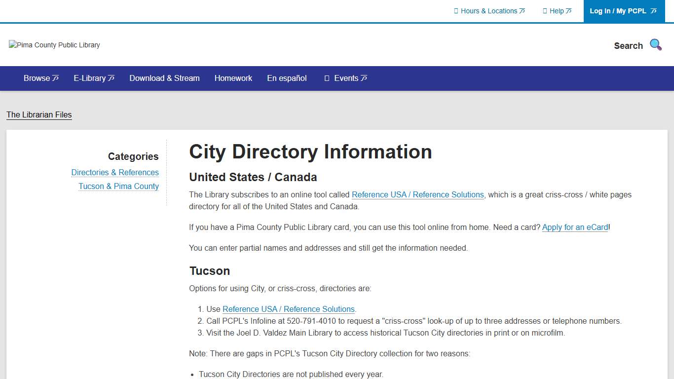 City Directory Information Pima County Public Library